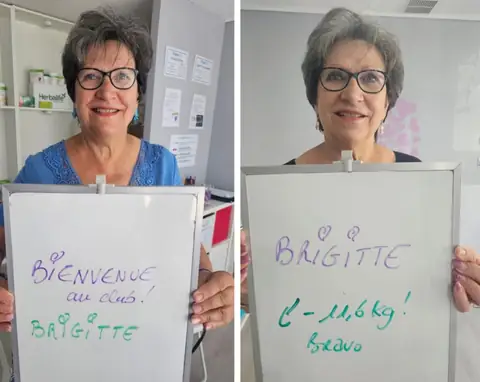 2 clichés de face d’une membre du club Nutri&Beauty Club, pris à l’arrivée puis plus tard